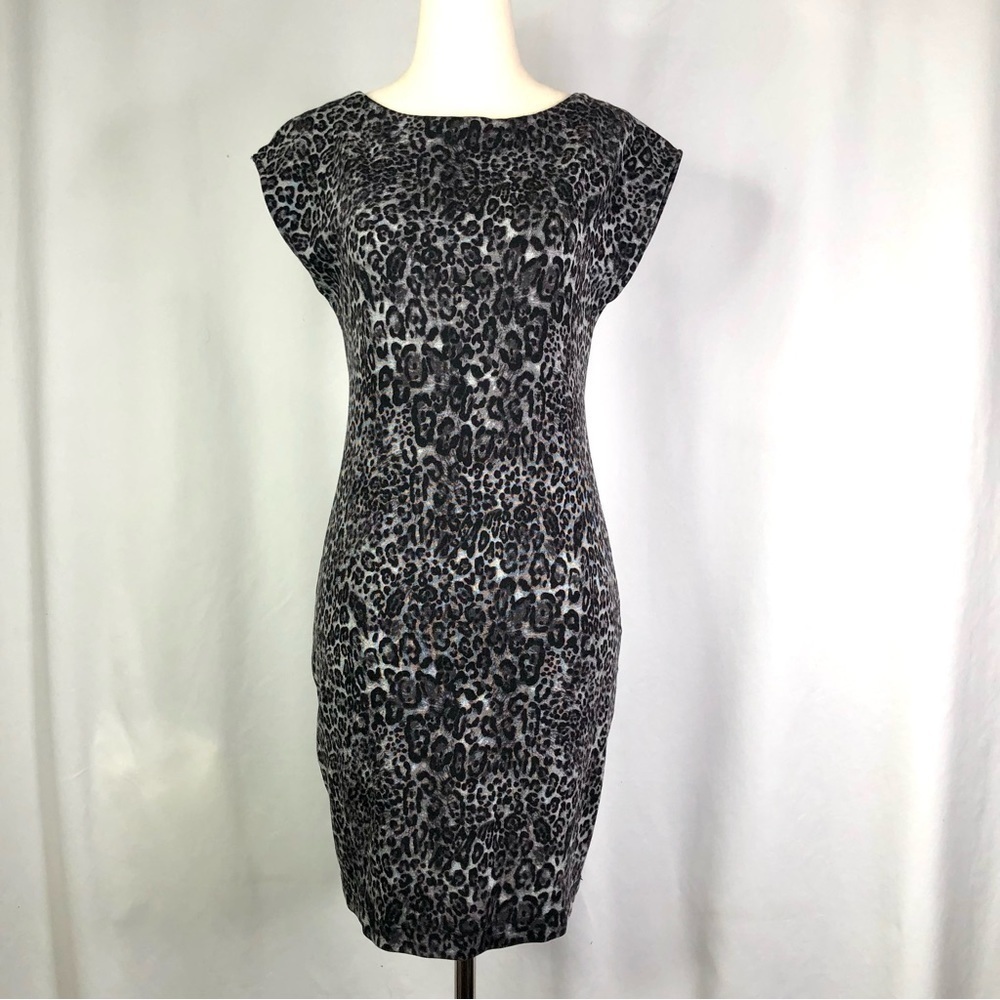 Zara leopard print bodycon dress grey black cap sleeves high boat neck M